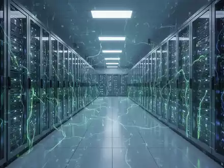 Ein riesiger, moderner Serverraum eines Rechenzentrums mit Reihen von Serverracks, die in der Ferne verschwinden, beleuchtet von blauen und grünen Lichtern. - Foto: über boerse-global.de