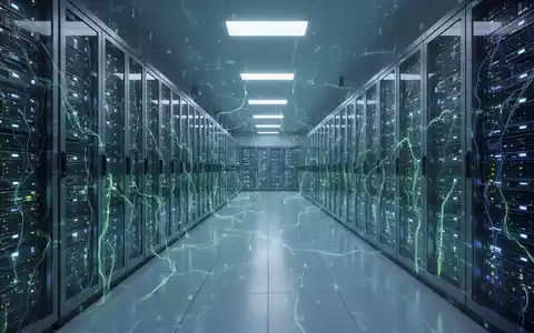 Ein riesiger, moderner Serverraum eines Rechenzentrums mit Reihen von Serverracks, die in der Ferne verschwinden, beleuchtet von blauen und grünen Lichtern. - Foto: über boerse-global.de