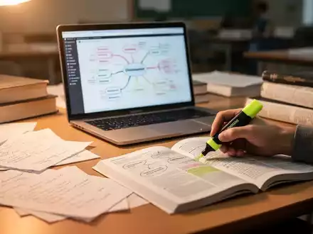 Ein Schreibtisch mit Lernmaterialien, einem Laptop und einer Hand, die einen Textmarker über ein Lehrbuch hält, symbolisiert effektives Lernen. - Foto: über boerse-global.de