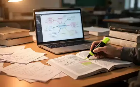 Ein Schreibtisch mit Lernmaterialien, einem Laptop und einer Hand, die einen Textmarker über ein Lehrbuch hält, symbolisiert effektives Lernen. - Foto: über boerse-global.de