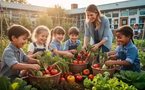Glückliche Kinder ernten frisches Gemüse in einem Schulgarten unter Anleitung, symbolisiert gesunde Ernährung und Bildung. - Foto: über boerse-global.de