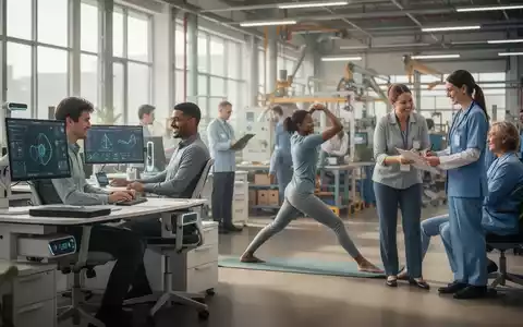Mitarbeiter in einem modernen Büro und einer Fabrik, die an verschiedenen Wellness-Aktivitäten teilnehmen, darunter Ergonomie und Beratung. - Foto: über boerse-global.de
