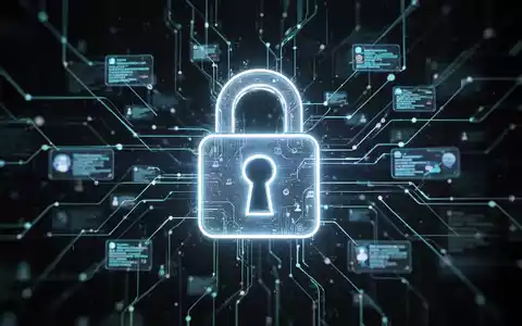Ein stilisiertes, leuchtendes Vorhängeschloss-Symbol über einem Netzwerk aus digitalen Linien und Datenpaketen, das Datensicherheit darstellt. - Foto: über boerse-global.de