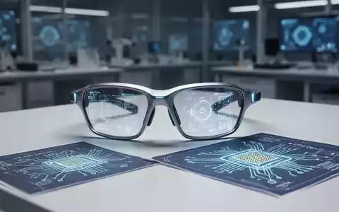 Schlanke, futuristische KI-Smartglasses mit leuchtenden digitalen Schnittstellen, neben einem Mikro-OLED-Schema auf weißer Oberfläche. - Foto: über boerse-global.de