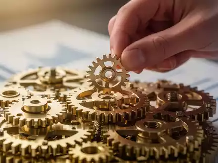 Eine Hand platziert ein kleines goldenes Zahnrad in einem Mechanismus größerer Zahnräder, symbolisierend Finanzplanung und Vermögensübertragung. - Foto: über boerse-global.de