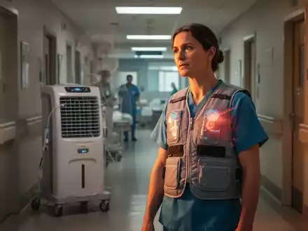 Eine Pflegekraft mit Kühlweste und mobilem Klimagerät in einem Krankenhausflur, der die Notwendigkeit von Hitzeschutzmaßnahmen verdeutlicht. - Foto: über boerse-global.de
