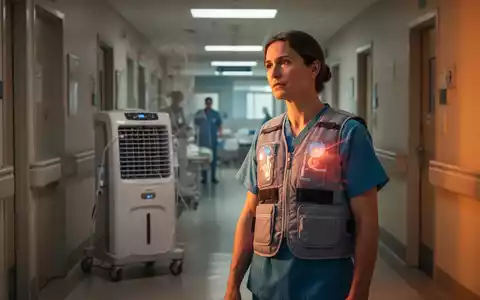 Eine Pflegekraft mit Kühlweste und mobilem Klimagerät in einem Krankenhausflur, der die Notwendigkeit von Hitzeschutzmaßnahmen verdeutlicht. - Foto: über boerse-global.de