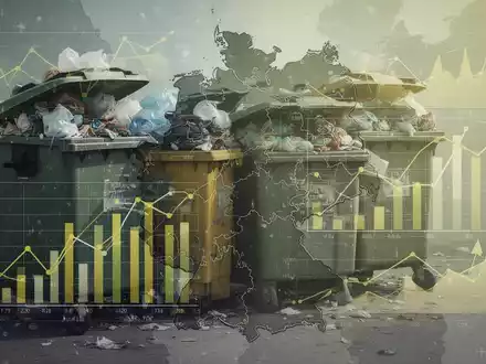 Eine grafische Darstellung von Abfallbehältern, Finanzdiagrammen und einer Deutschlandkarte, die die Herausforderungen der Abfallwirtschaft symbolisiert. - Foto: über boerse-global.de