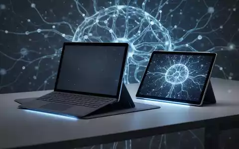 Ein Microsoft Surface Laptop und Surface Pro Tablet auf einem Schreibtisch, mit dezentem neuronalem Netzwerkmuster im Hintergrund. - Foto: über boerse-global.de
