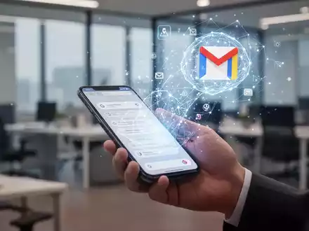 Eine Hand hält ein Smartphone mit abstrakter, leuchtender KI-Oberfläche, die vom Bildschirm ausgeht, in einem modernen Büro. - Foto: über boerse-global.de