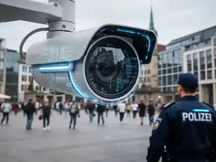 Überwachungskamera mit blauen AI-Elementen überwacht belebten Platz in deutscher Stadt. - Foto: über boerse-global.de
