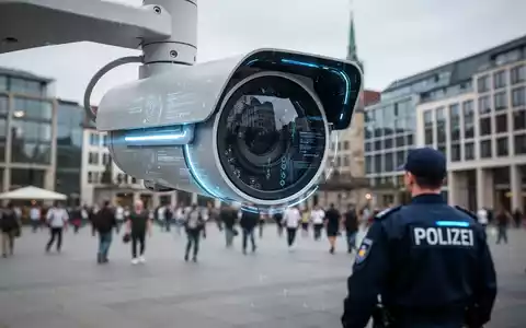 Überwachungskamera mit blauen AI-Elementen überwacht belebten Platz in deutscher Stadt. - Foto: über boerse-global.de