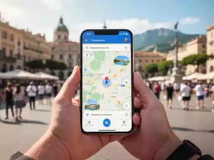 Eine Hand hĂ€lt ein Smartphone mit einer Navigations-App vor dem unscharfen Hintergrund einer belebten europĂ€ischen Stadt. - Foto: ĂŒber boerse-global.de