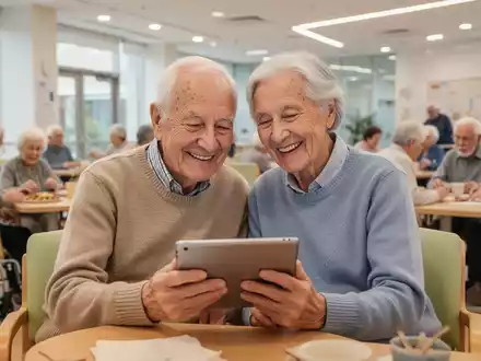 Älteres Paar nutzt gemeinsam ein Tablet in einem hellen Gemeinschaftszentrum, umgeben von anderen Senioren. - Foto: über boerse-global.de