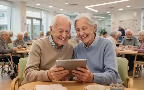 Älteres Paar nutzt gemeinsam ein Tablet in einem hellen Gemeinschaftszentrum, umgeben von anderen Senioren. - Foto: über boerse-global.de