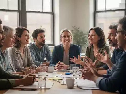 Eine vielfältige Gruppe von Erwachsenen nimmt an einem Kurs teil, einige hören zu, andere diskutieren, in einem hellen Raum. - Foto: über boerse-global.de