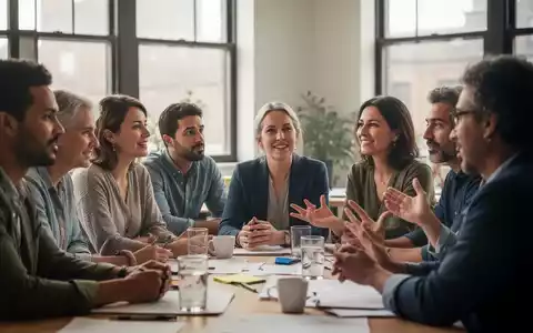 Eine vielfältige Gruppe von Erwachsenen nimmt an einem Kurs teil, einige hören zu, andere diskutieren, in einem hellen Raum. - Foto: über boerse-global.de