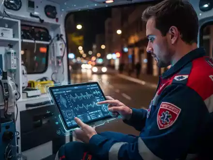 Ein Sanitäter in einem Rettungswagen betrachtet ein digitales Tablet mit Patientendaten. Verschwommene Stadtlichter im Hintergrund. - Foto: über boerse-global.de