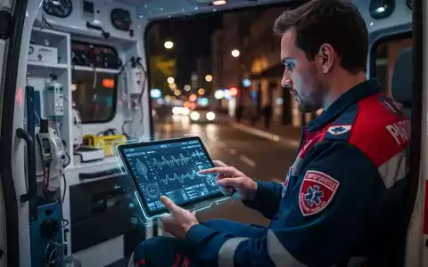 Ein Sanitäter in einem Rettungswagen betrachtet ein digitales Tablet mit Patientendaten. Verschwommene Stadtlichter im Hintergrund. - Foto: über boerse-global.de