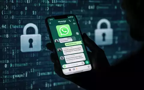 Eine Hand hält ein Smartphone mit einem WhatsApp-Chat und einem verdächtigen Benutzernamen vor einem unscharfen Hintergrund aus digitalem Code und einem Schloss-Symbol. - Foto: über boerse-global.de