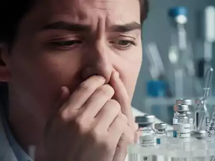 Eine Person hält sich subtil die Nase, im unscharfen Hintergrund sind pharmazeutische Fläschchen zu sehen. - Foto: über boerse-global.de