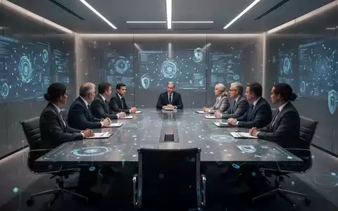 Führungskräfte in einem modernen Konferenzraum diskutieren Cybersicherheits-Governance, mit digitalen Schnittstellen, die Daten- und Netzwerksicherheit widerspiegeln. - Foto: über boerse-global.de