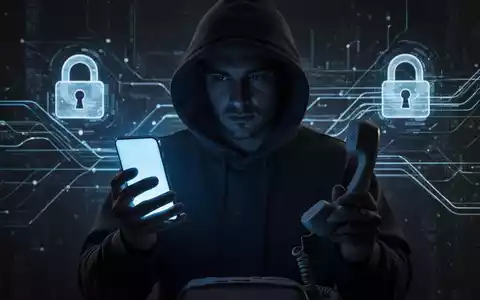 Person in Kapuzenjacke hält Smartphone und Festnetz-Hörer, mit digitalen Linien und Schloss-Symbol für Vishing- und Smishing-Bedrohungen. - Foto: über boerse-global.de