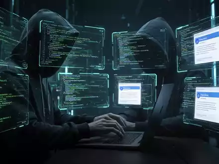 Person in Kapuzenjacke tippt auf Laptop, umgeben von leuchtenden Hologramm-Bildschirmen mit Code und Phishing-Mails. - Foto: über boerse-global.de