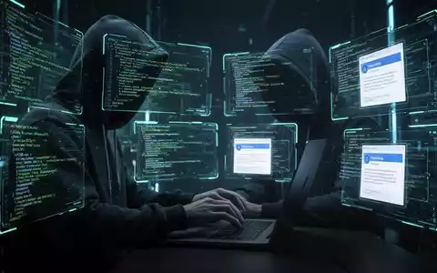 Person in Kapuzenjacke tippt auf Laptop, umgeben von leuchtenden Hologramm-Bildschirmen mit Code und Phishing-Mails. - Foto: über boerse-global.de