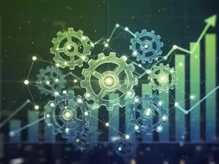 Abstrakte Darstellung von Zahnrädern und leuchtenden Datenpunkten, die vereinfachte Berichterstattung und reduzierte Bürokratie symbolisieren. Im Hintergrund ein aufwärts gerichtetes Diagramm. - Foto: über boerse-global.de