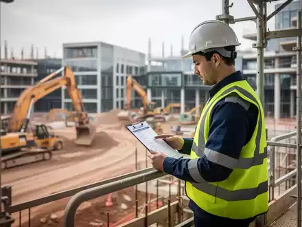 Ein Bauarbeiter in Schutzkleidung prüft eine Checkliste auf einer Baustelle mit Gerüsten und Maschinen im Hintergrund. - Foto: über boerse-global.de
