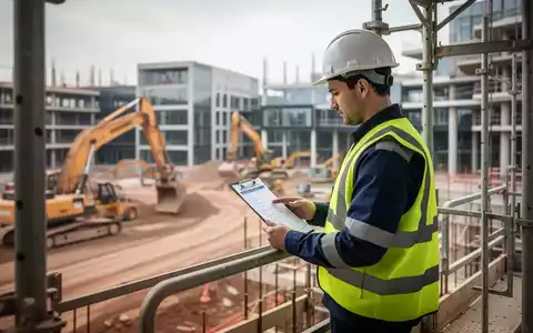 Ein Bauarbeiter in Schutzkleidung prüft eine Checkliste auf einer Baustelle mit Gerüsten und Maschinen im Hintergrund. - Foto: über boerse-global.de