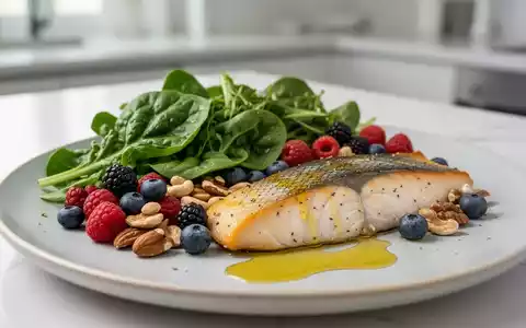 Eine gesunde Mahlzeit mit Blattgemüse, Beeren, Nüssen, Fisch und Olivenöl auf einem Teller, Fokus auf gesunde Ernährung. - Foto: über boerse-global.de