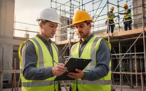Ein Bauarbeiter mit Helm und Warnweste prüft eine Baustelle mit Klemmbrett, im Hintergrund Gerüste und andere Arbeiter. - Foto: über boerse-global.de