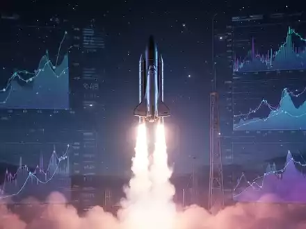 Eine futuristische Rakete startet in den Sternenhimmel, überlagert von Finanzdaten und digitalen Elementen. - Foto: über boerse-global.de