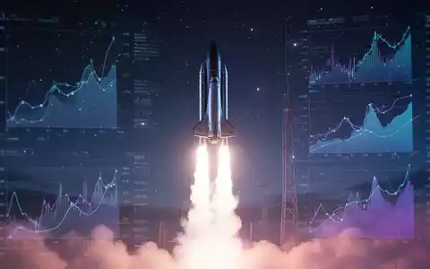Eine futuristische Rakete startet in den Sternenhimmel, überlagert von Finanzdaten und digitalen Elementen. - Foto: über boerse-global.de