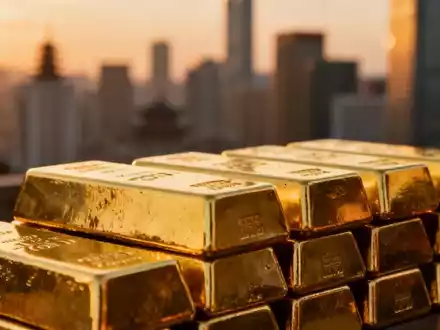 Nahaufnahme von gestapelten Goldbarren vor dem unscharfen Hintergrund eines Finanzviertels bei Sonnenuntergang. - Foto: über boerse-global.de