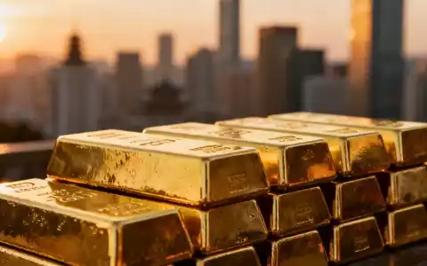 Nahaufnahme von gestapelten Goldbarren vor dem unscharfen Hintergrund eines Finanzviertels bei Sonnenuntergang. - Foto: über boerse-global.de