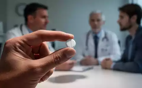 Eine Hand hält eine weiße Pille. Im Hintergrund verschwommen ein Arzt und ein Patient in Konsultation, die Erwartungseffekte symbolisieren. - Foto: über boerse-global.de