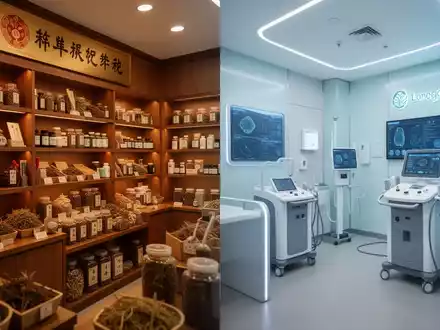 Eine traditionelle chinesische Apotheke mit Kräutern und ein modernes Longevity-Klinikinterieur mit Diagnosetechnik. - Foto: über boerse-global.de