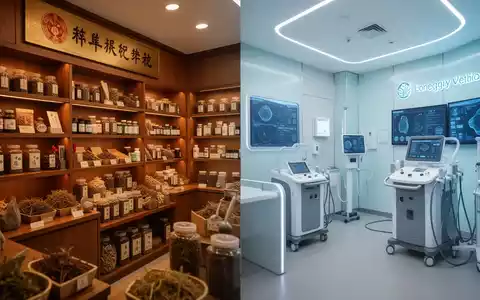 Eine traditionelle chinesische Apotheke mit Kräutern und ein modernes Longevity-Klinikinterieur mit Diagnosetechnik. - Foto: über boerse-global.de