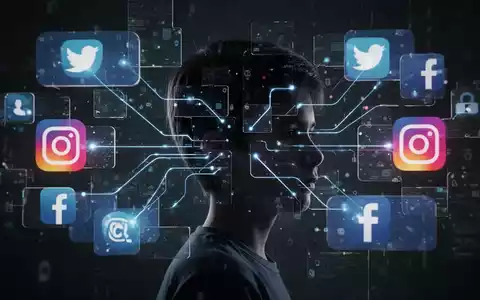 Fragmentierte digitale Elemente, die soziale Medien darstellen, verbunden mit dem Kopf einer Person, was Sucht und Regulierung symbolisiert. - Foto: über boerse-global.de