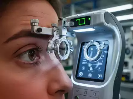 Ein modernes, mobiles Sehtestgerät untersucht ein Auge in Nahaufnahme, mit einem unscharfen industriellen Hintergrund. - Foto: über boerse-global.de