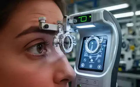 Ein modernes, mobiles Sehtestgerät untersucht ein Auge in Nahaufnahme, mit einem unscharfen industriellen Hintergrund. - Foto: über boerse-global.de