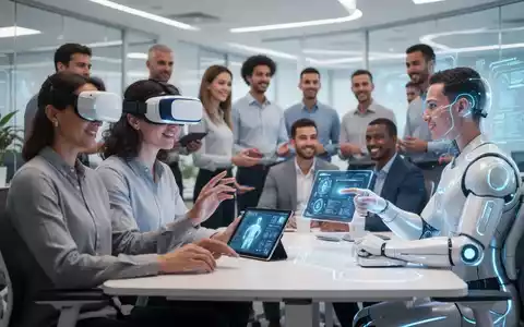 Mitarbeiter nutzen VR-Headsets und Tablets für ein digitales Wellness-Programm in einem modernen Büro. Fokus auf Technologie und Wohlbefinden. - Foto: über boerse-global.de
