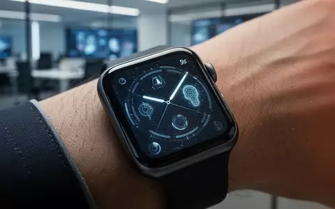 Nahaufnahme eines Apple Watch-Zifferblatts mit modernem, KI-Thema, getragen an einem Handgelenk in einem Tech-Büro. - Foto: über boerse-global.de