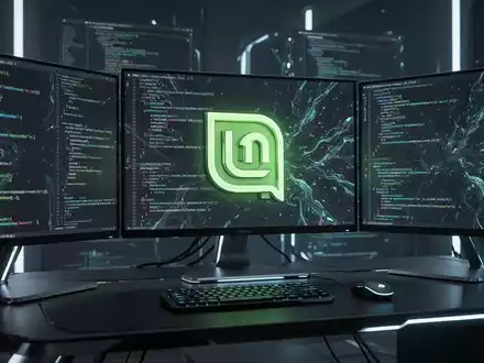 Moderner Desktop-Computer mit mehreren Bildschirmen, abstraktem Code und leuchtendem Linux-Mint-Logo. - Foto: über boerse-global.de
