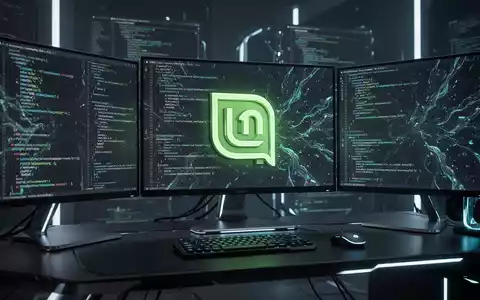 Moderner Desktop-Computer mit mehreren Bildschirmen, abstraktem Code und leuchtendem Linux-Mint-Logo. - Foto: über boerse-global.de