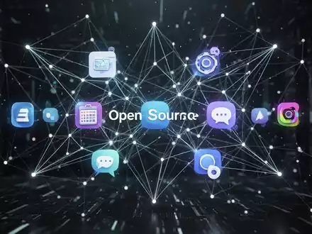 Abstraktes Netzwerk aus leuchtenden Linien und Knoten, das Open-Source-Software symbolisiert, mit Icons für verschiedene Anwendungstypen. - Foto: über boerse-global.de