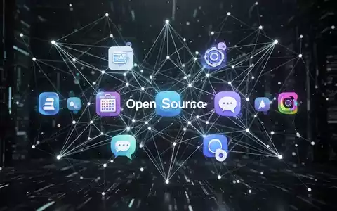 Abstraktes Netzwerk aus leuchtenden Linien und Knoten, das Open-Source-Software symbolisiert, mit Icons für verschiedene Anwendungstypen. - Foto: über boerse-global.de